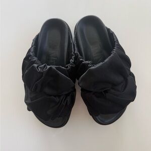 Ganni Black Satin Ruched Platform Sandals